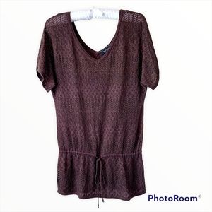 WHBM Brown Loose Weave Sweater Top Short Sleeve Gold Metallic Threads Size XS